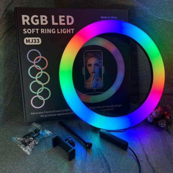 MJ33 13" RGB LED Ring Light – Multi-Color Rainbow & Off-White Light with Phone Clip (Without Stand) Ahsangadgetzone