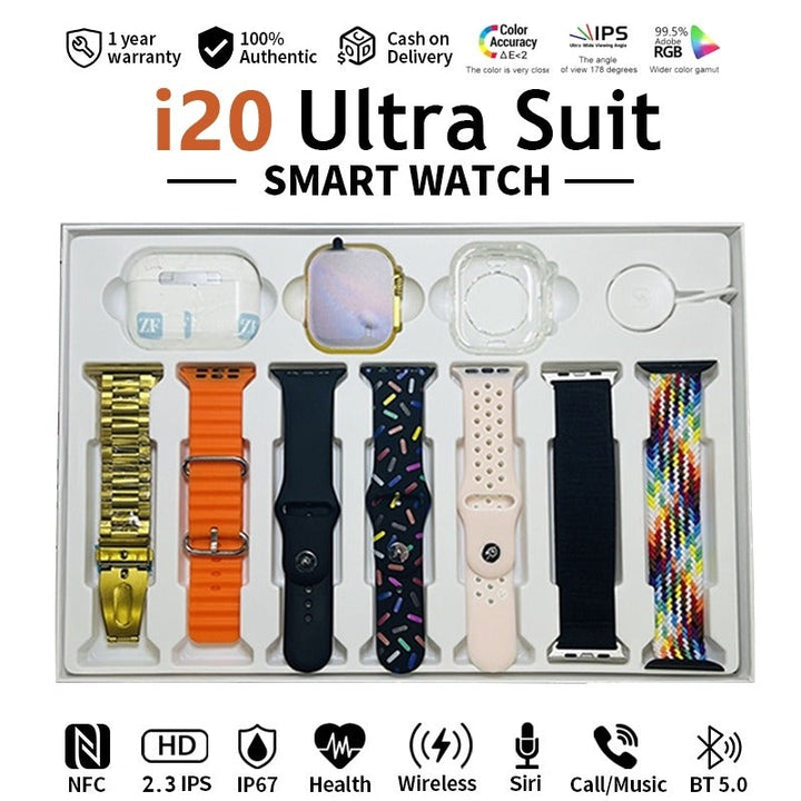 i20 Ultra Max Smartwatch with Earpods Pro 2 & 7 Premium Interchangeable Straps - The Ultimate Tech Bundle Ahsangadgetzone