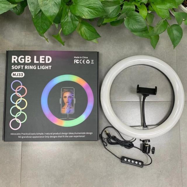 MJ33 13" RGB LED Ring Light – Multi-Color Rainbow & Off-White Light with Phone Clip (Without Stand) Ahsangadgetzone