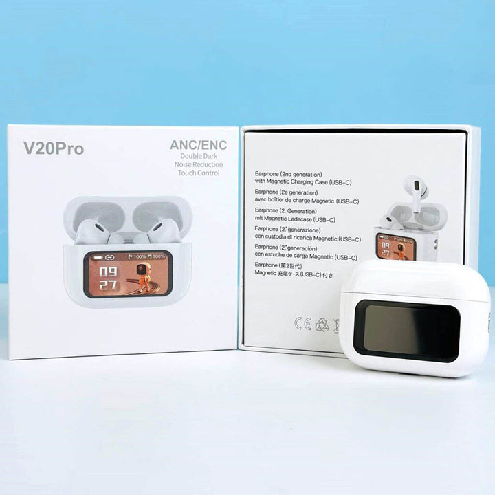 V20 Pro TWS Airbuds | Bluetooth 5.4 | ANC+ENC | Touch Display | 32H Battery Ahsangadgetzone
