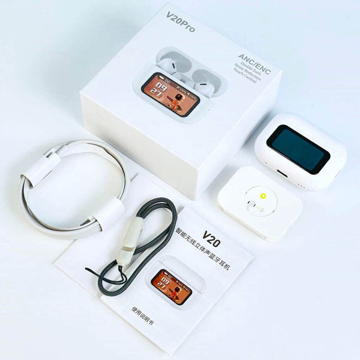V20 Pro TWS Airbuds | Bluetooth 5.4 | ANC+ENC | Touch Display | 32H Battery Ahsangadgetzone