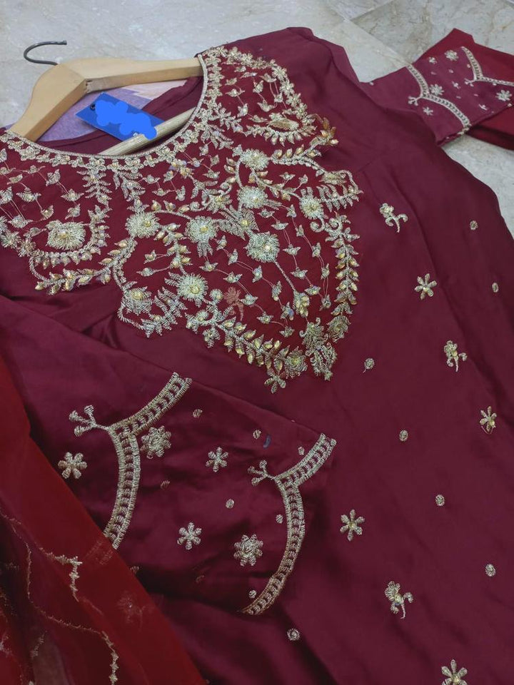 WOMEN 3 PIECE STITCHED SHAMOZ SILK EMBROIDERED MAXI Nexasim