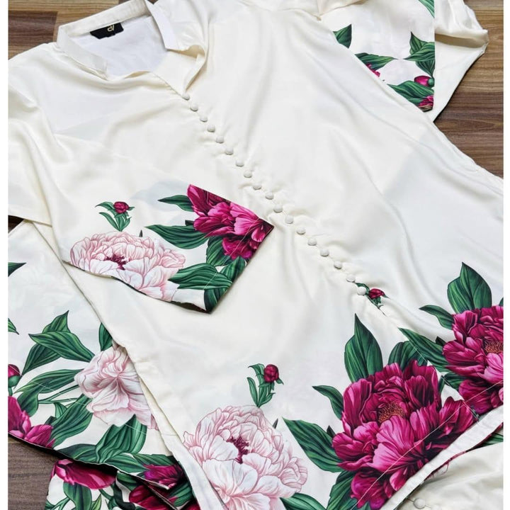 BEST QUALITY WOMEN STYLISH STITCHED CO-ORD SET IN PRINTED SHAMOZ SILK 2 PIECE Nexasim