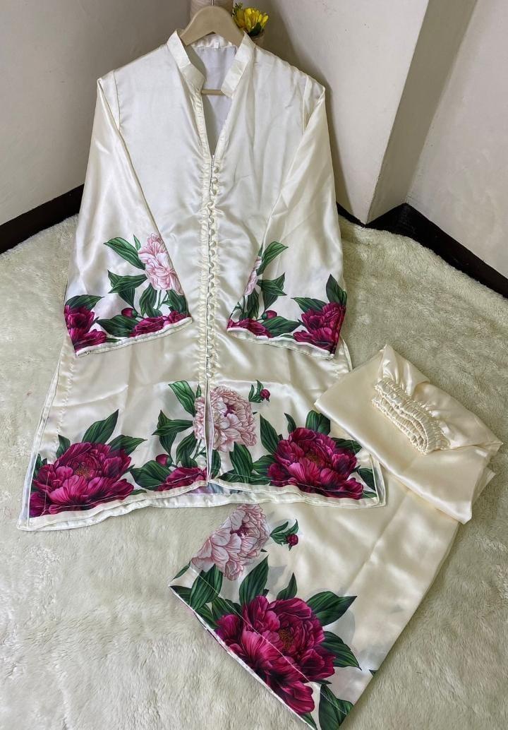 BEST QUALITY WOMEN STYLISH STITCHED CO-ORD SET IN PRINTED SHAMOZ SILK 2 PIECE Nexasim