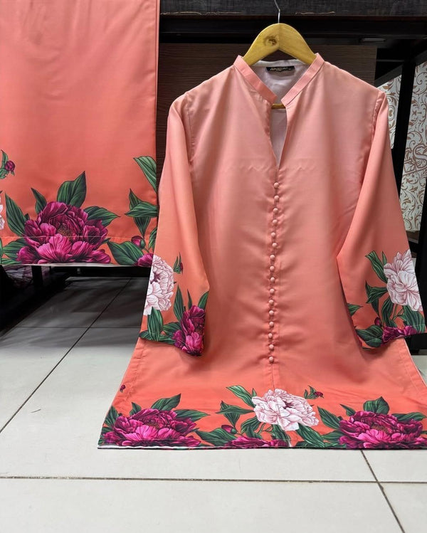 Stylish Peach Printed Co-Ord Set 2 Piece Women Stitched Shamoz Silk Nexasim