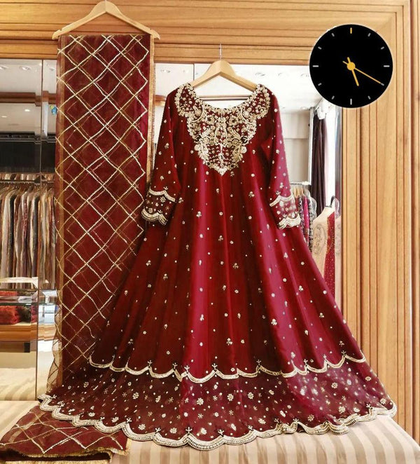 WOMEN 3 PIECE STITCHED SHAMOZ SILK EMBROIDERED MAXI Nexasim